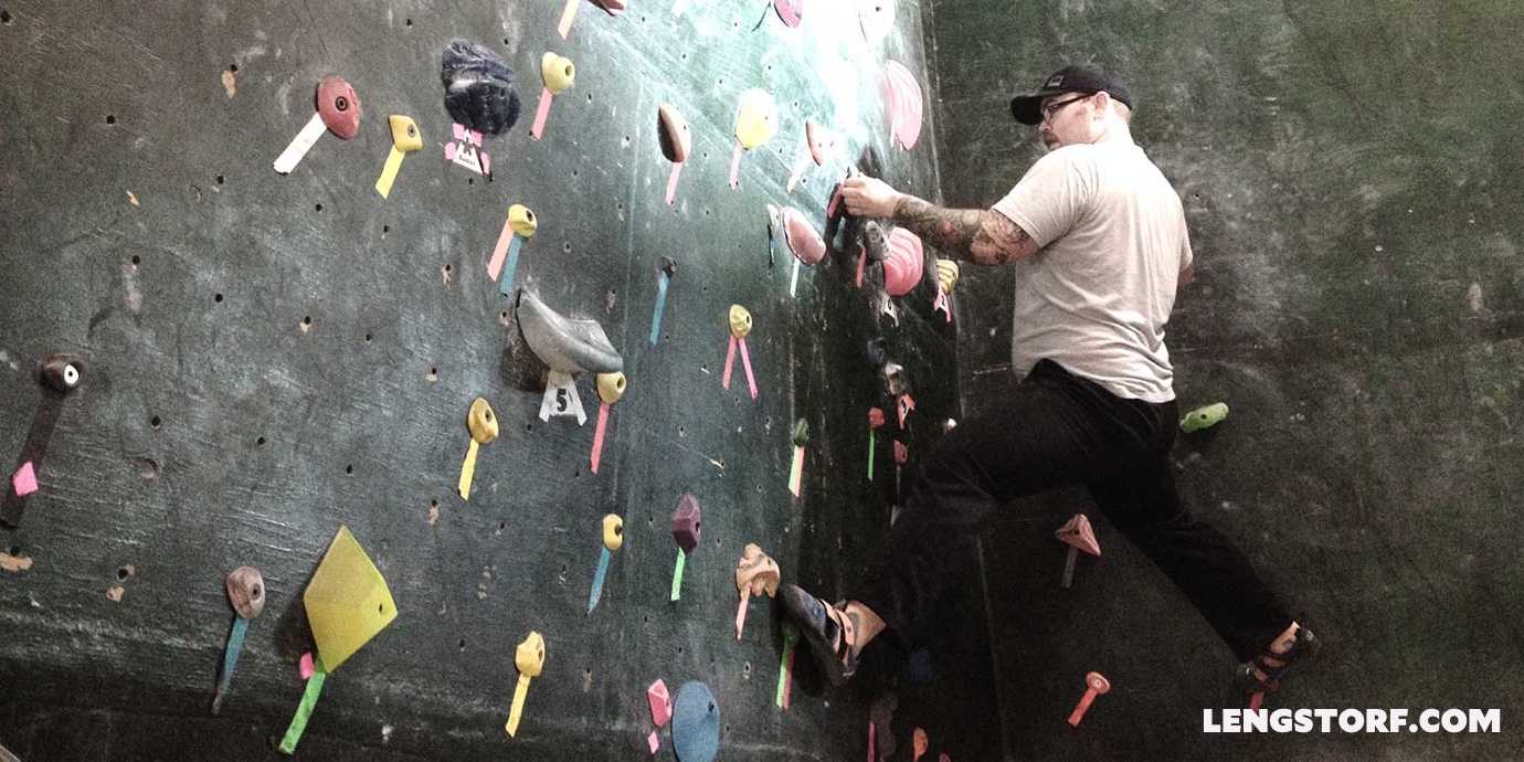 Jason Lengstorf rock climbing at the Circuit Bouldering Gym in Portland, OR.