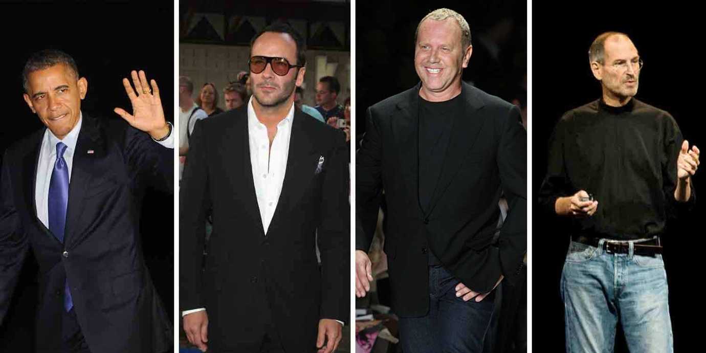 Men wearing uniforms: Barack Obama, Tom Ford, Michael Kors, and Steve Jobs.