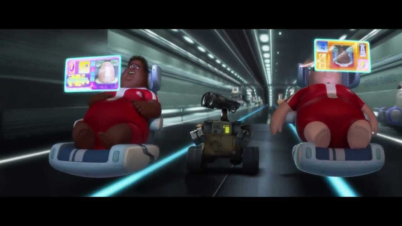 WALL-E between two people watching screens in hover chairs.