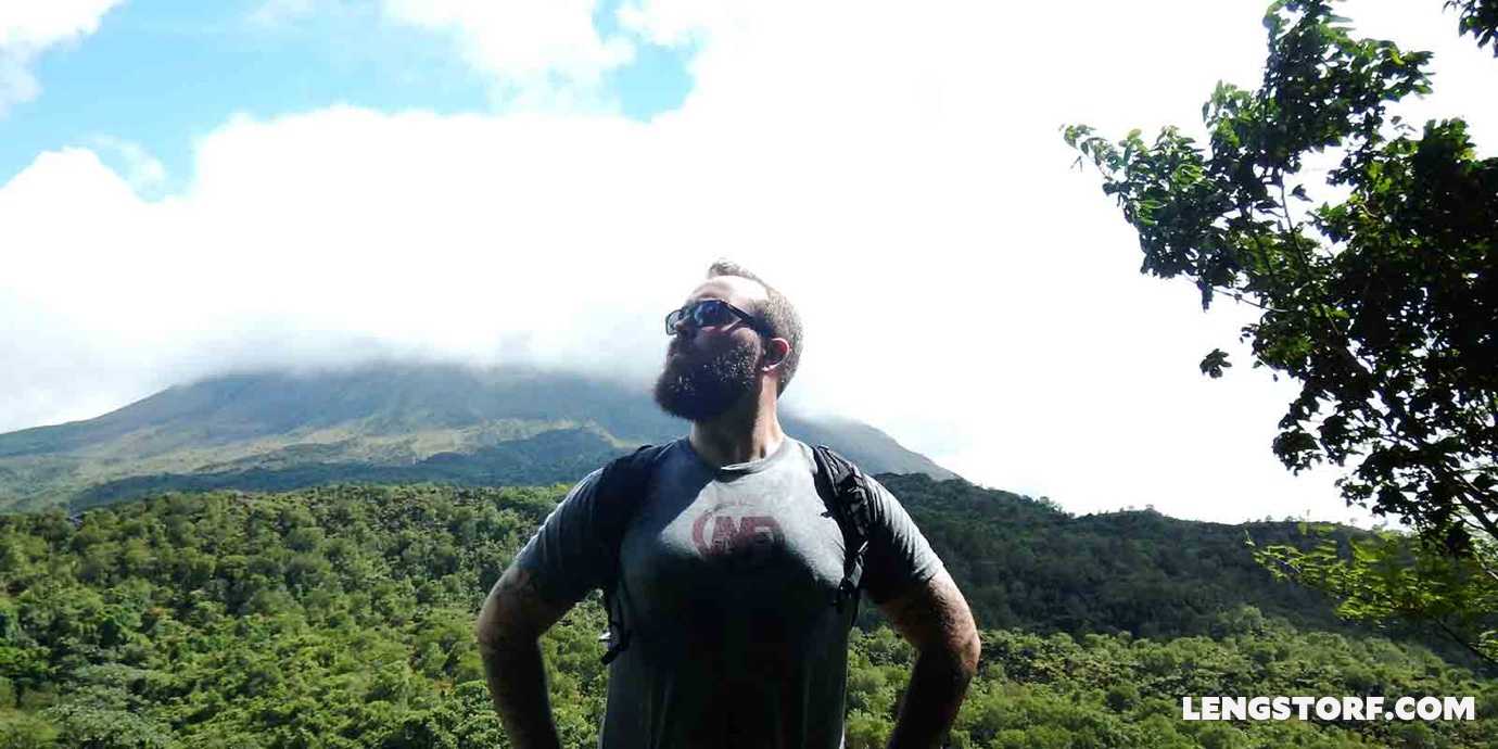 Jason Lengstorf in front of a volcano in Costa Rica after fixing his work-life balance.