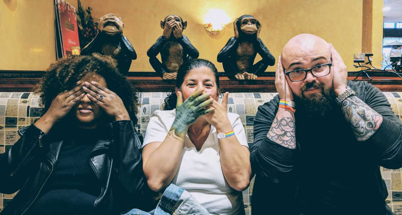 Sharon Steed, Estelle Weyl, and Jason Lengstorf doing see no evil, speak no evil, hear no evil.