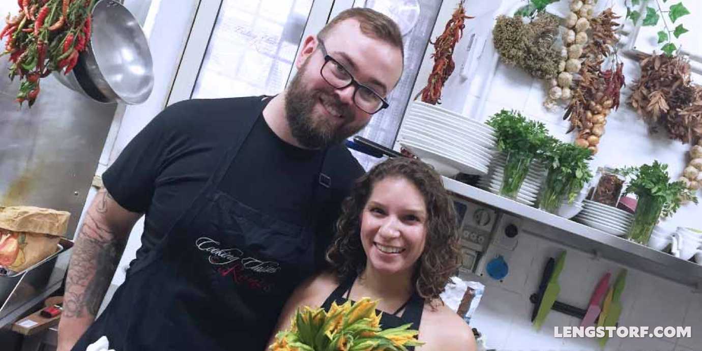 Jason Lengstorf and Marisa Morby in a cooking class in Rome.