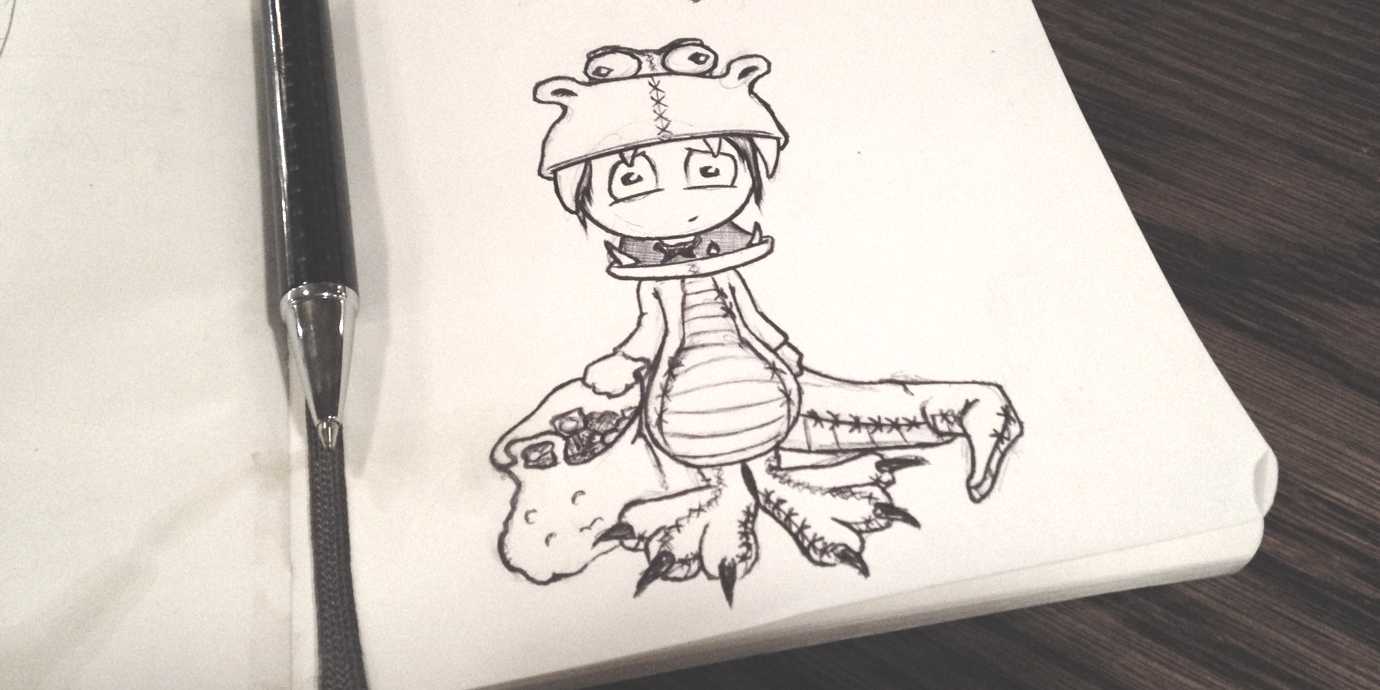 Dressed as a dinosaur — sketch by Jason Lengstorf.