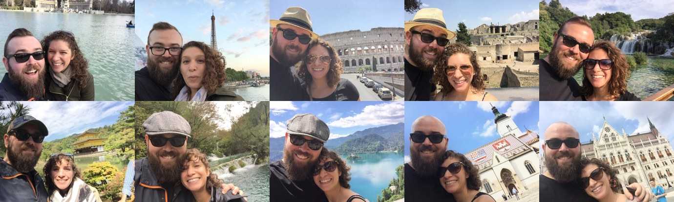 Selfies of Marisa and Jason in the exact same pose in ten different countries.